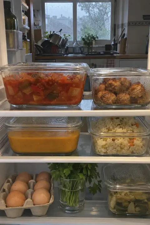 Nevera abierta con táperes de vidrio llenos de cenas caseras preparadas el domingo