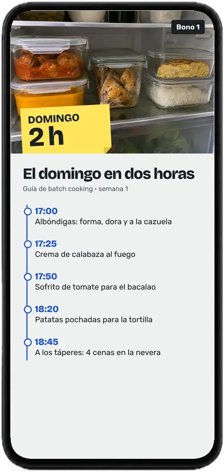 Guía El domingo en dos horas abierta en un móvil, con el reloj de cada paso de 17:00 a 18:45