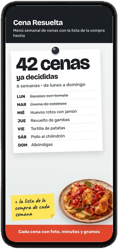 Portada del menú en un móvil: 42 cenas ya decididas, 6 semanas