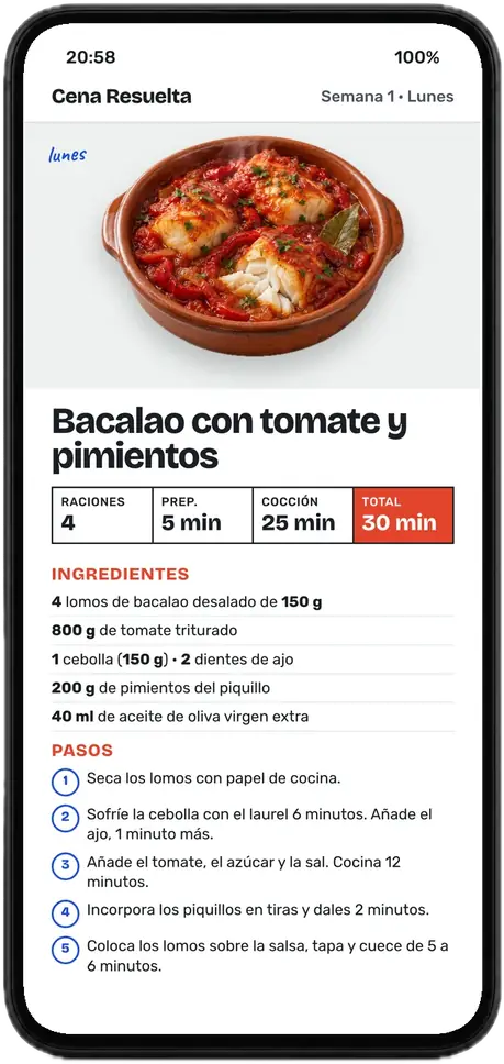Receta del bacalao con tomate y pimientos abierta en un móvil: raciones, minutos, ingredientes en gramos y pasos