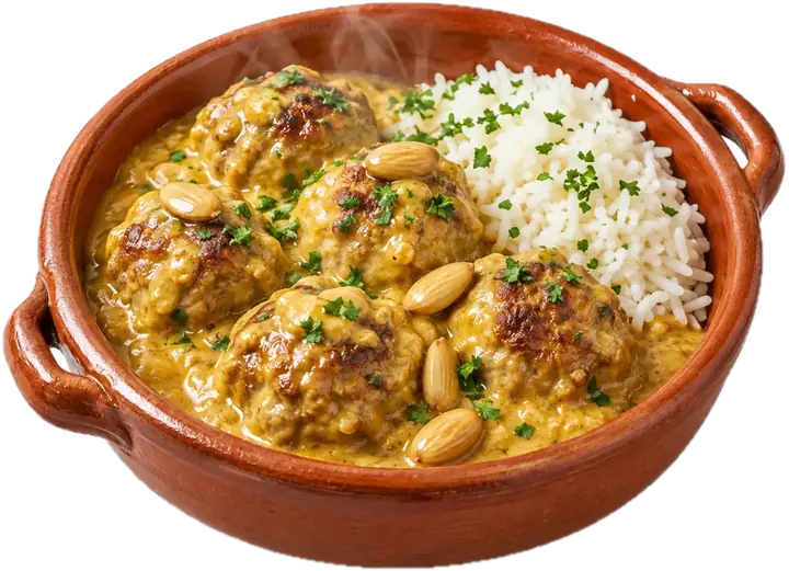 Albóndigas en salsa de almendras en cazuela con arroz blanco