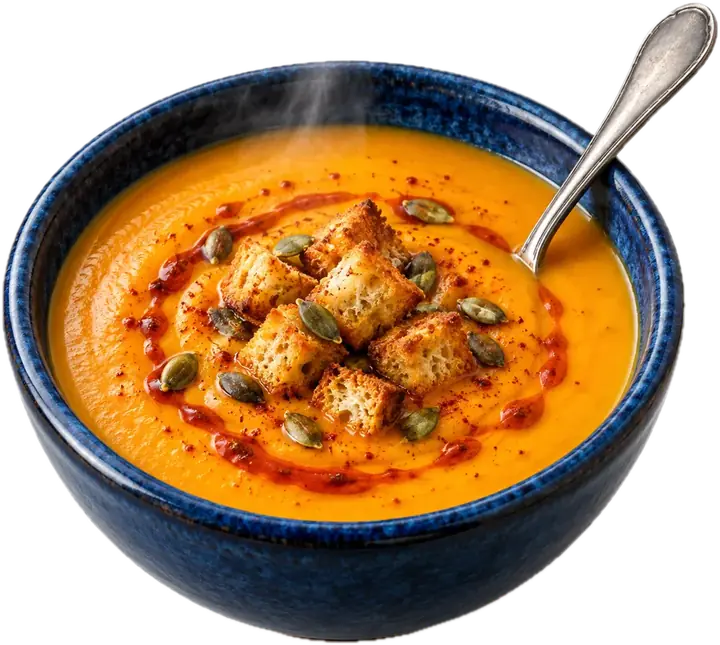 Crema de calabaza con picatostes y aceite de pimentón