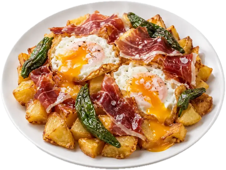Huevos rotos con la yema sobre patatas, jamón y pimientos