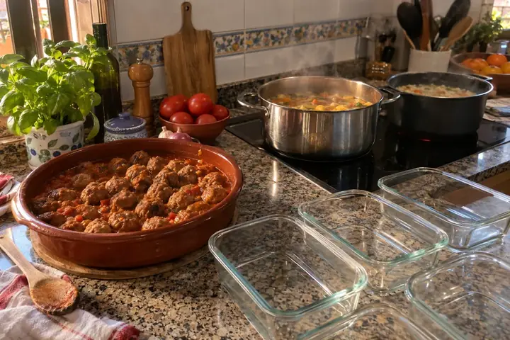 Cocina un domingo por la tarde: dos ollas al fuego, una cazuela de albóndigas y táperes de vidrio vacíos